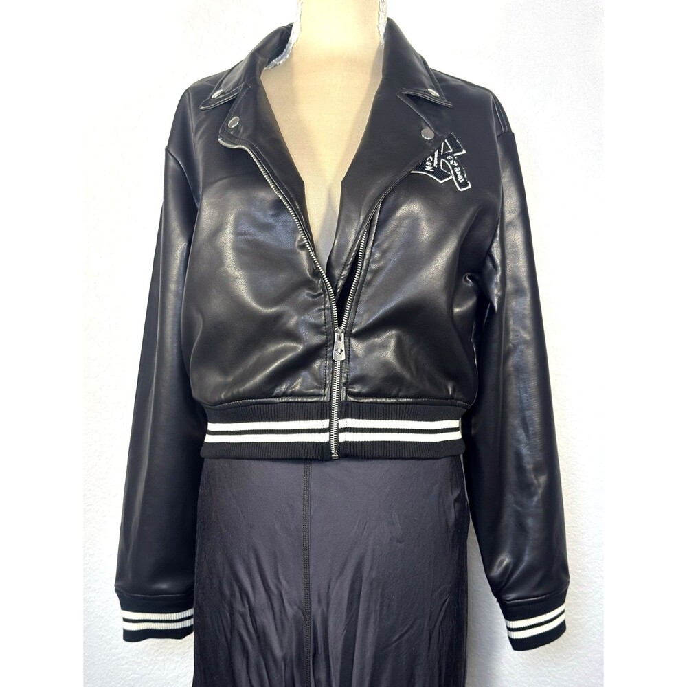 True Religion Women’s Moto PU Bomber Jacket Black Horseshoe Logo NWT Size L